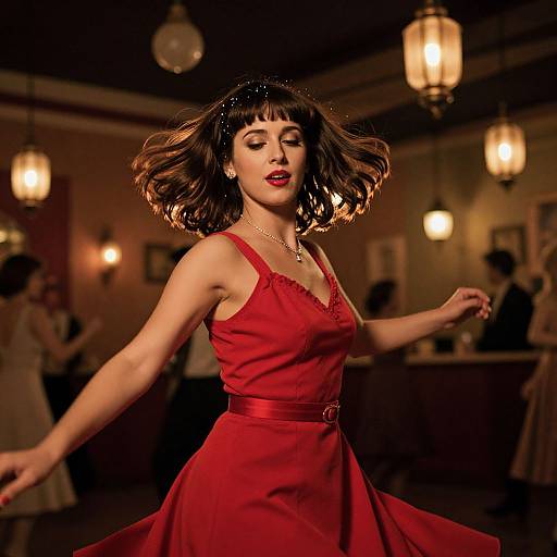 Photograph of a confident woman in a red dress, dancing in a dimly lit, elegant room with hanging lights and blurred background.