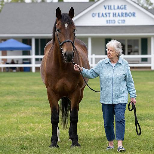 Photograph of an elderly woman with white hair in a blue patterned shirt and dark pants, leading a dark brown horse with a white blaze on its