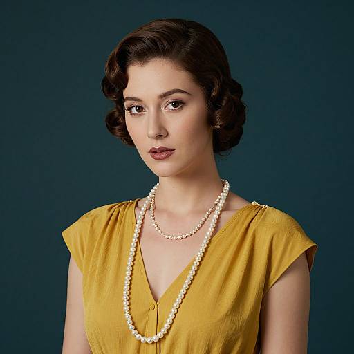 Photograph of a fair-skinned woman with vintage-style dark brown short hair, wearing a mustard yellow dress and white pearl necklace, against a dark blue