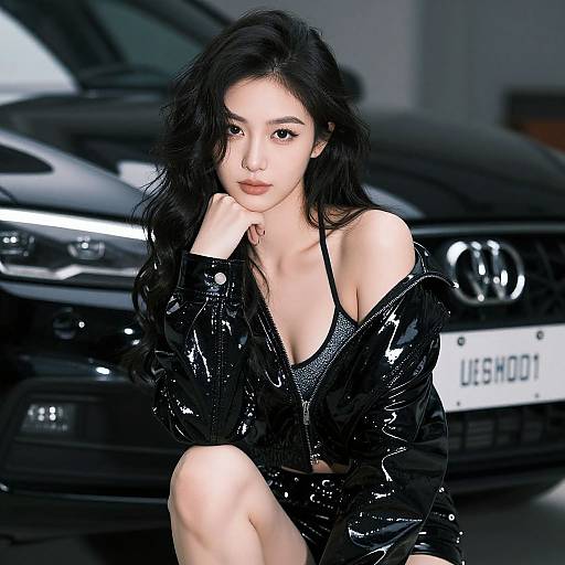 Photograph of an Asian woman with long black hair, wearing a shiny black leather jacket, sitting in front of a black Audi car in a garage.