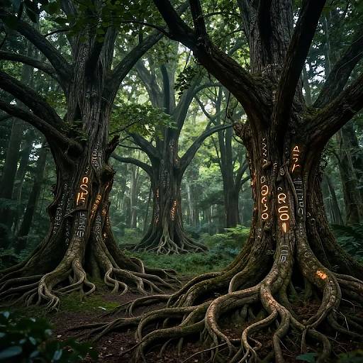 Photograph of a mystical forest with towering, twisted trees marked with glowing, ancient runes on their bark, roots sprawling over dark forest floor, dapp