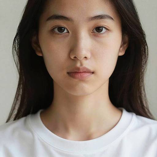 Photograph of a young Asian woman with long black hair, fair skin, and brown eyes, wearing a white shirt, against a plain light background.