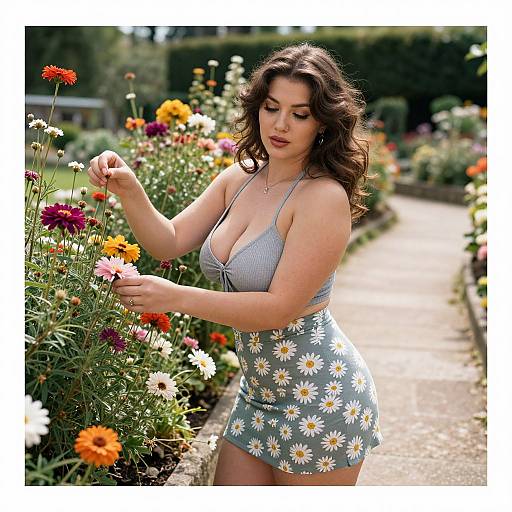 Photograph of a curvy, fair-skinned woman with wavy brown hair, wearing a gray, plunging crop top and daisy-patterned