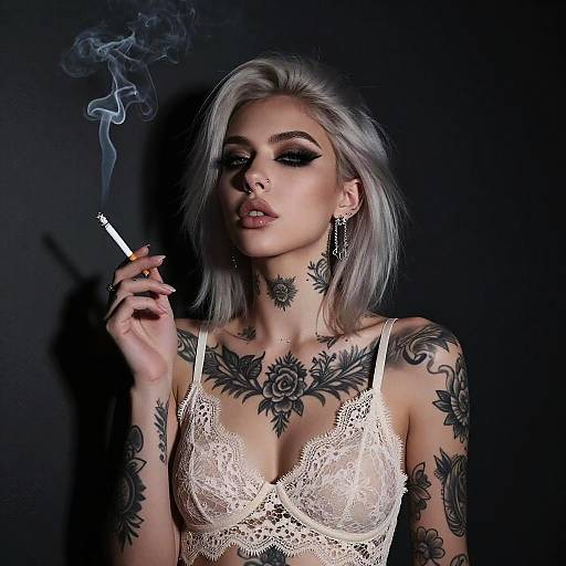 Tattooed woman with platinum blonde hair, smoking cigarette, wearing white lace bra, dark smokey eye makeup, black background. Photorealistic
