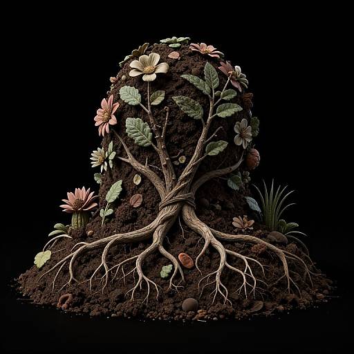 Photorealistic digital art of a tree with intricate roots, adorned with pink and white flowers, green leaves, and small plants, set against a black