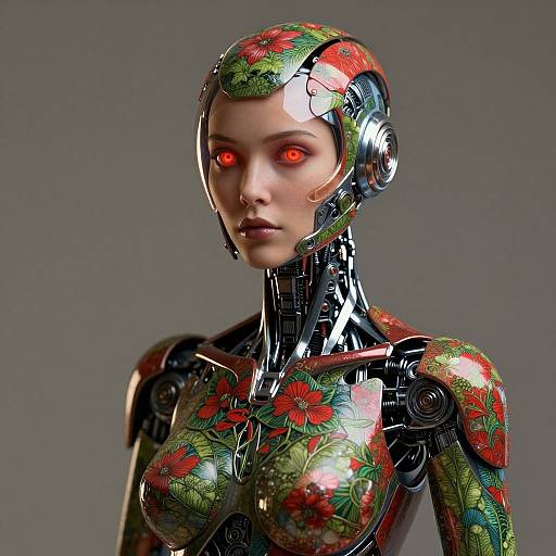 Digital CGI of a female humanoid robot with glowing red eyes, floral-patterned metallic skin, and intricate mechanical joints, set against a gray background.