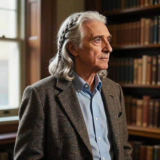 Elderly Man with Five-Strand Braid in Historic Library