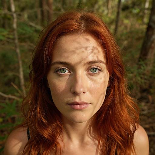 Photograph of a red-haired woman with green eyes, fair skin, and subtle freckles, standing in a sun-dappled forest. She