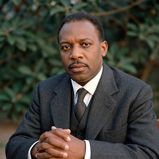 Photograph of a serious black man with short hair, mustache, wearing a dark suit, white shirt, and black tie, hands clasped,
