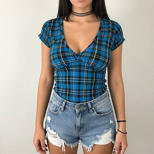 Photograph of a woman with black hair, wearing a blue plaid V-neck shirt, denim shorts with frayed edges, black choker, and