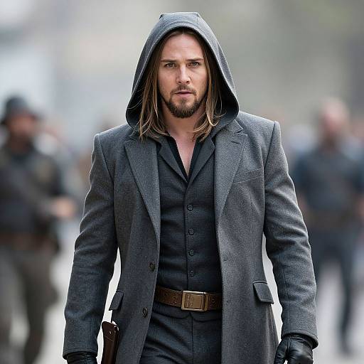 Photograph of a handsome man with long brown hair and beard, wearing a dark gray hooded suit, black shirt, and belt, with a serious