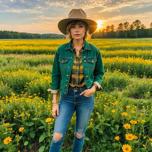 Woman in Green Denim Jacket in Wildflower Field