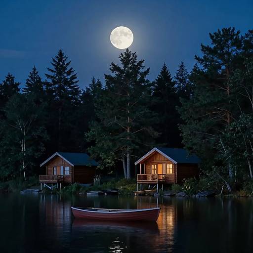 Moonlit Lakeside Cabins at Night