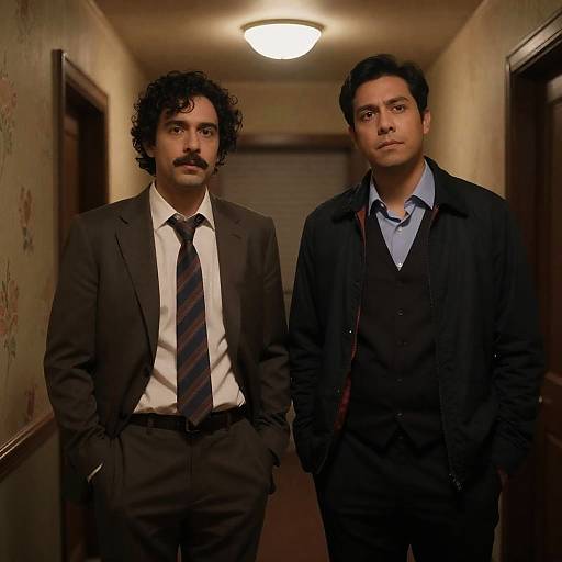 Two men in dimly lit hallway