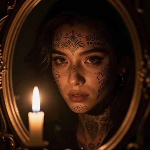 Photograph of a woman with intricate black henna tattoos, illuminated by a single lit candle, reflected in an ornate, oval frame.