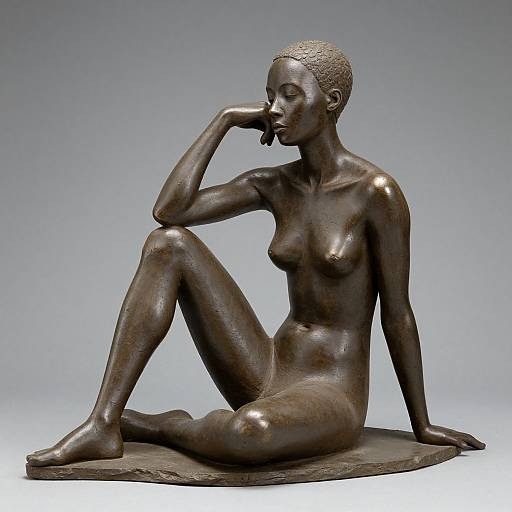 Photograph of a dark bronze sculpture of a nude, seated African woman with short hair, one arm resting on her head, and the other on the