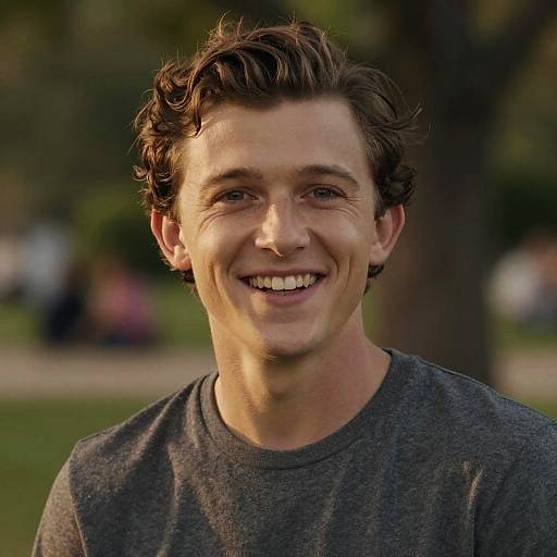 Photograph of a smiling young man with wavy brown hair, fair skin, and blue eyes, wearing a gray shirt, outdoors in a park.