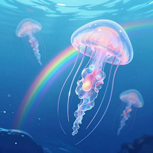 Photograph of glowing jellyfish with translucent bodies and flowing tentacles, illuminated by a vibrant rainbow in a deep blue ocean.