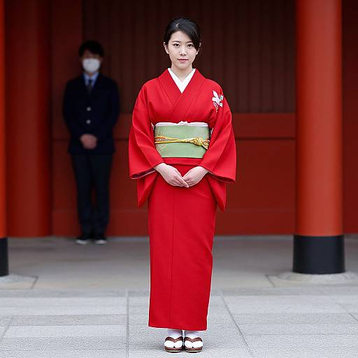 Woman in Red Kimono by Building