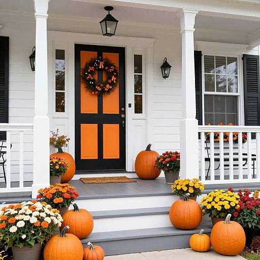 Photograph of a white front porch with black door adorned with autumn wreath, surrounded by pumpkins and vibrant fall flowers.