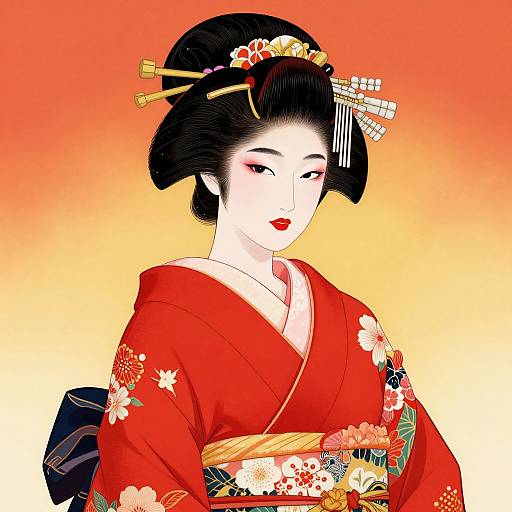 Digital illustration of a Japanese geisha with pale skin, red lipstick, black hair in an elaborate style, wearing a red floral kimono, gold ob