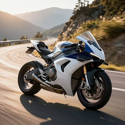 Photograph of a sleek, white sports motorcycle with black accents speeding on a curving mountain road at sunset.