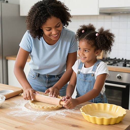 Photograph of a smiling Black woman and young girl with curly hair rolling out dough in a bright, modern kitchen.