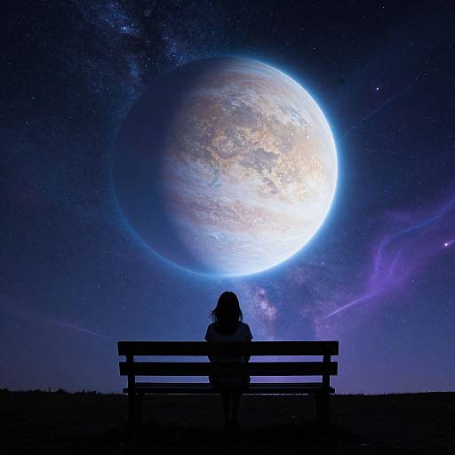 Silhouetted person sits on bench, gazing at enormous, bright moon and starry sky in digital art. Cosmic night scene.