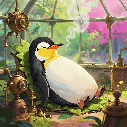 Digital artwork of a penguin with a steaming beak, sitting on leafy bedding in a sunlit, steampunk greenhouse, surrounded by