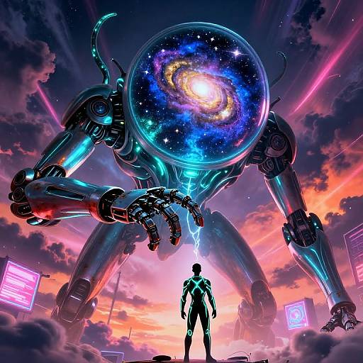 Digital art: Silhouetted human stands before giant, metallic robot with a galaxy-filled sphere head, against vibrant sunset sky, neon clouds, and