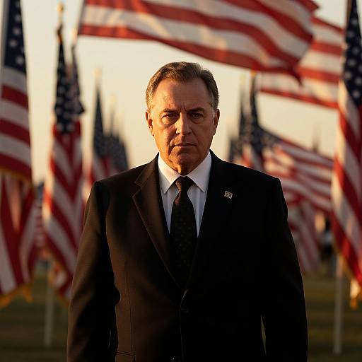 Photograph of serious middle-aged man in dark suit, white shirt, black tie, with American flags in blurred background, sunlight behind.