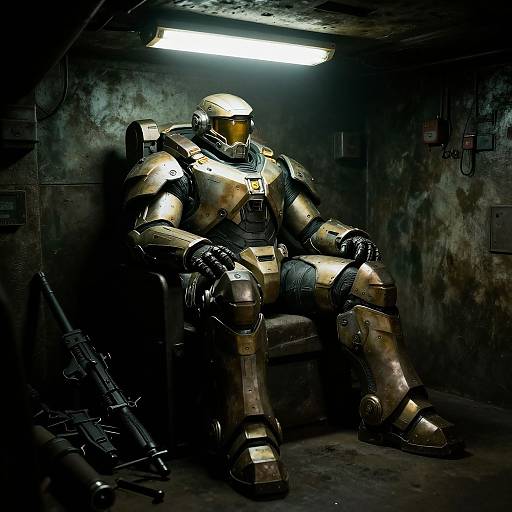 Photograph of a heavily armored, gold and black futuristic soldier seated in a dimly lit, grimy underground bunker, with a rifle on the floor