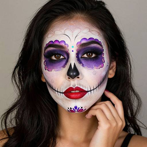 Photograph of a woman with long black hair, white face paint, black nose, purple eye makeup, red lips, and floral designs, in a