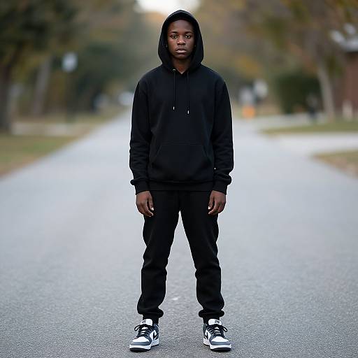 Photograph of a young Black man standing on a blurred, tree-lined street in autumn. He wears a black hoodie, black pants, and black-and