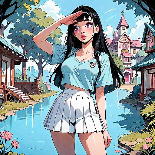 Anime Girl Saluting on Alien Village