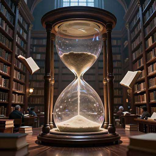 Photograph of a glowing hourglass on a library table, surrounded by bookshelves, lit books, and dimly lit, arched library.