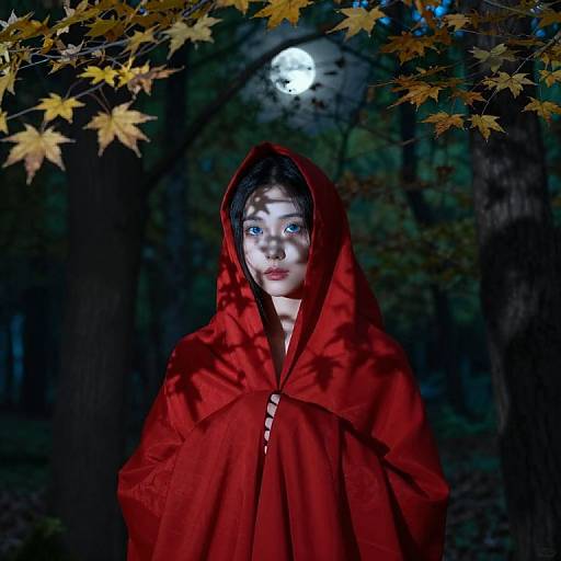 Photograph of a young woman with pale skin and blue eyes, wearing a red hooded cloak, standing in a dark forest under a full moon,
