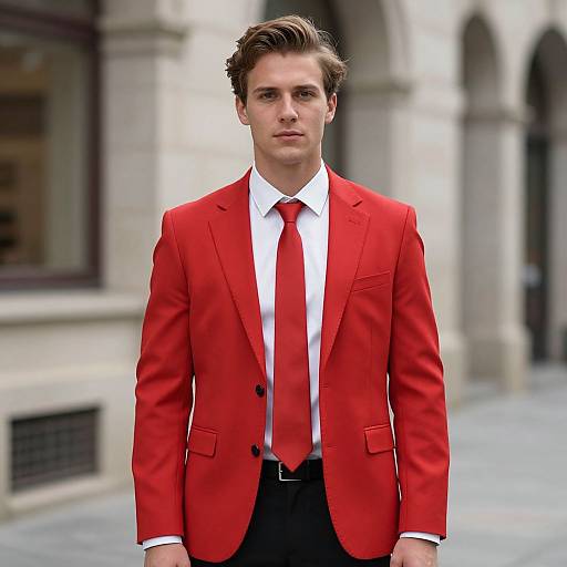 Photograph of a young, attractive man with fair skin, brown hair, wearing a bright red suit, white shirt, and red tie, standing in
