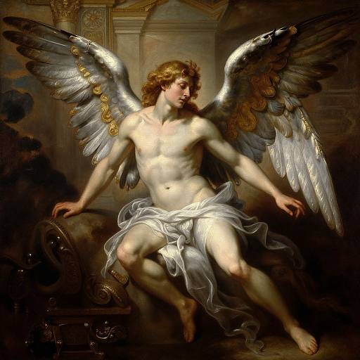 Classical oil painting of a muscular, nude, winged angel with golden hair, draped in a white cloth, seated on a throne.