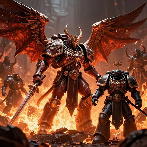 Digital artwork of two armored, horned warriors with wings standing in fiery chaos, wielding swords, surrounded by other armored figures.