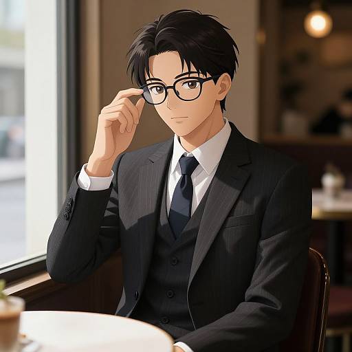 Anime-style digital drawing of a handsome, black-haired man in a black suit, white shirt, and black tie, adjusting glasses in a sunlit café