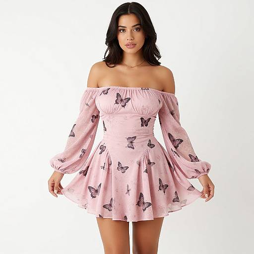 Photograph of a dark-haired woman wearing an off-shoulder, pink dress with butterfly prints, long sleeves, standing against a white background.