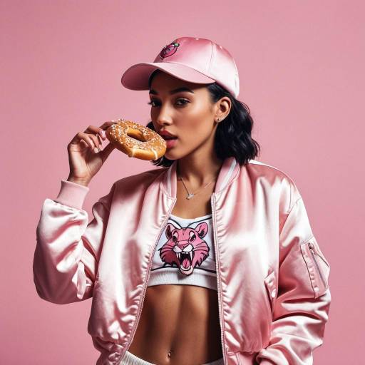 Woman in Pink Satin Bomber Jacket Eating Pretzel