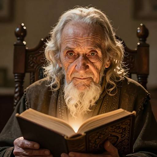 Photograph of an elderly man with a long white beard and curly hair, illuminated by a glowing book, sitting in a dark wooden chair.