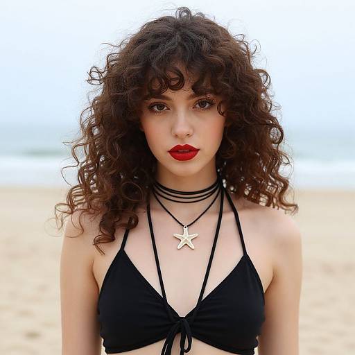 Photograph of a young woman with curly brown hair, red lipstick, black bikini, layered necklaces, and star pendant on a beach.