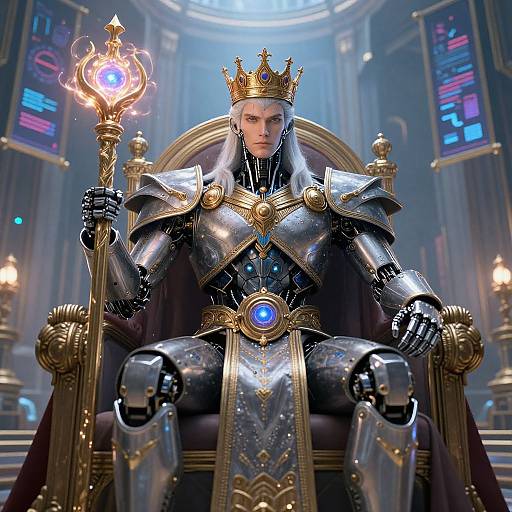 Digital artwork of a robotic king with silver armor, gold crown, holding a glowing staff, seated on a grand throne in a futuristic, illuminated throne room