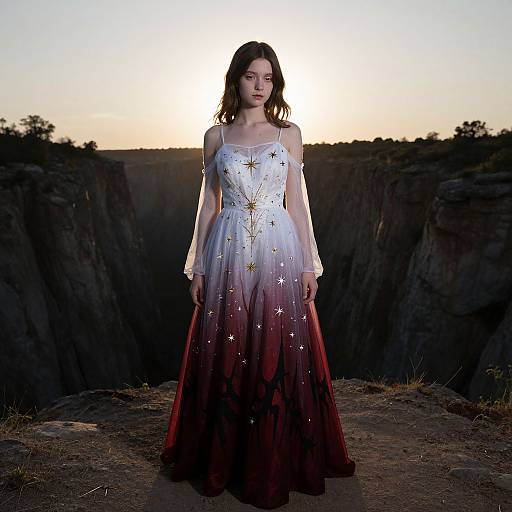 Photograph of a young woman with fair skin and dark hair wearing a white-to-red gradient, star-embellished, off-shoulder gown