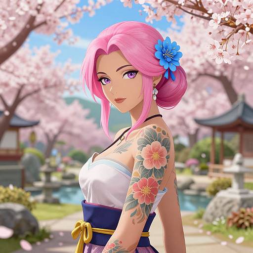 Digital anime-style illustration of a pink-haired woman with purple eyes, floral tattoos, wearing a white top and blue obi, standing in a cherry blossom