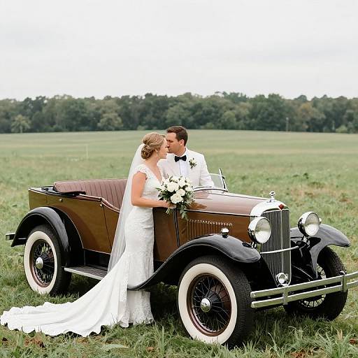Photograph of a bride in a white dress and veil, holding a bouquet, kissing a groom in a white tuxedo, standing beside a vintage