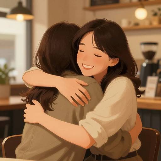 Digital anime-style drawing of two women with black hair, embracing warmly in a cozy café, smiling with closed eyes. Warm, soft lighting.